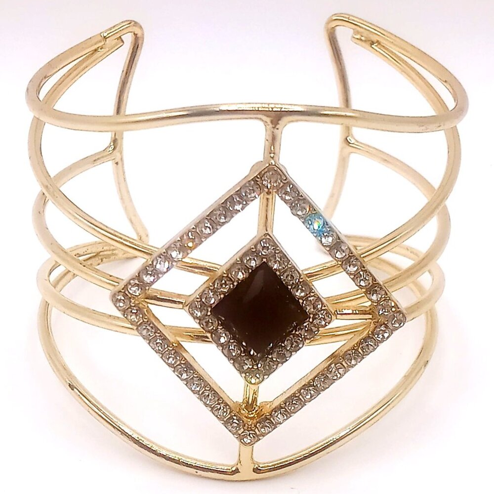 Gold Tone Geometric Open Cuff Bracelet Rhinestone Diamond‑Shape Black Center